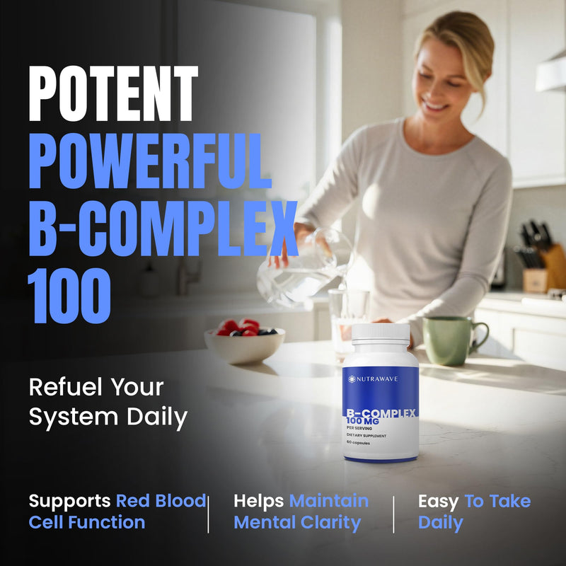 Nutra Wave Super B Complex Vitamins for Women & Men, High Potency B1 B2 B3 B5 B6 B7 B9 B12 with Choline & Myo-Inositol, Energy & Brain Support, Made in USA, Vegan Non-GMO, 60 Capsules 60 Count (Pack of 1)