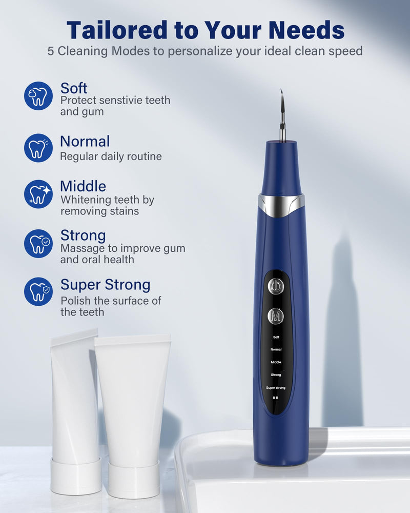 Plaque Remover for Teeth - Tartar Remover for Teeth with LED Light & 5 Modes, Rechargeable Hard Plaque Remover with 2 Replaceable Heads, Ultrasonic Teeth Cleaner Kit for Home Use Blue - BeesActive Australia