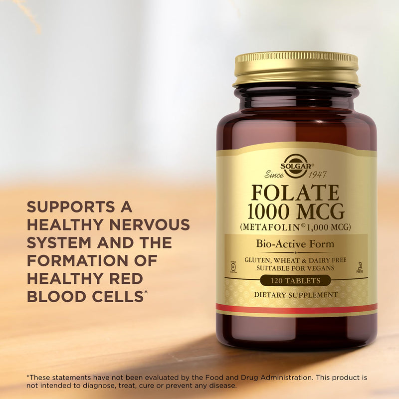 Solgar Folate 1000 mcg - 120 Tablets - 1000 mcg Bio-Active Metafolin - Vegan, Gluten Free, Dairy Free, Kosher - 120 Servings 1