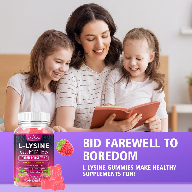 L-Lysine 1000mg Gummies for Immune Support & Skin Health - High Potency Vegan, Sugar-Free, Gluten-Free Supplement with Natural Raspberry Flavor for Adults & Kids - 120 Gummies 2pack