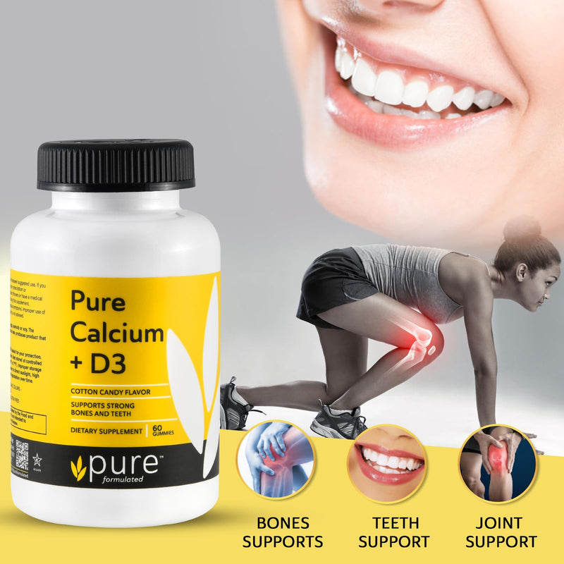 Vegan Calcium with Vitamin D3 Strong Bone & Teeth Support Calcium with 1000 IU D3 Gummies for Adults & Kids, Kosher, Gluten-Free, Dairy-Free, 60 Gummies calcium + D