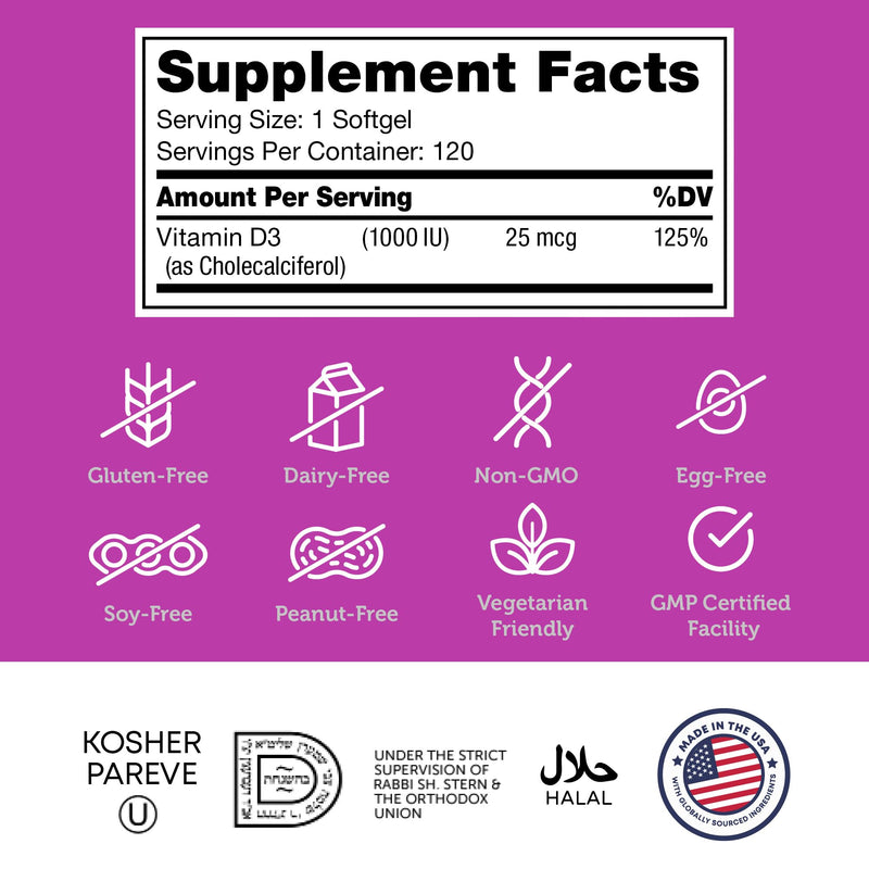 Zahler - Advanced Vitamin D3 1000 IU Softgels (120 Count) Kosher Vegetarian Friendly Vitamin D for Immune Support, Bone, Teeth & Muscle Health - Easy Swallow VIT D 3