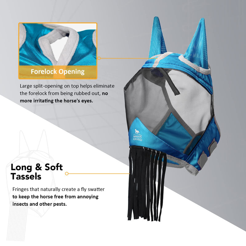 Harrison Howard CareMaster Horse Fly Mask with Ears and Nose Fringe Fly Protector Defender Mask Sky Blue Full Size Full (Large) - BeesActive Australia