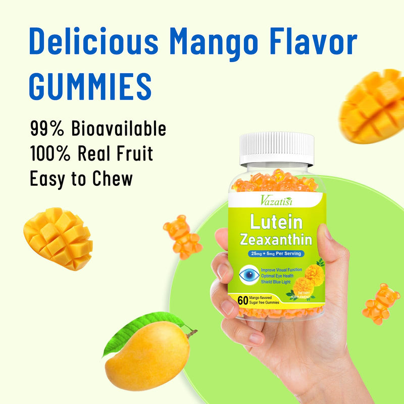 Eye Vitamins Lutein & Zeaxanthin Gummies, Sugar Free Eye Health Supplements with Bilberry, Astaxanthin - Support Blue Light, Visual Function and Macular Health - Mango Flavored, 120 Count 60 Count (Pack of 2)