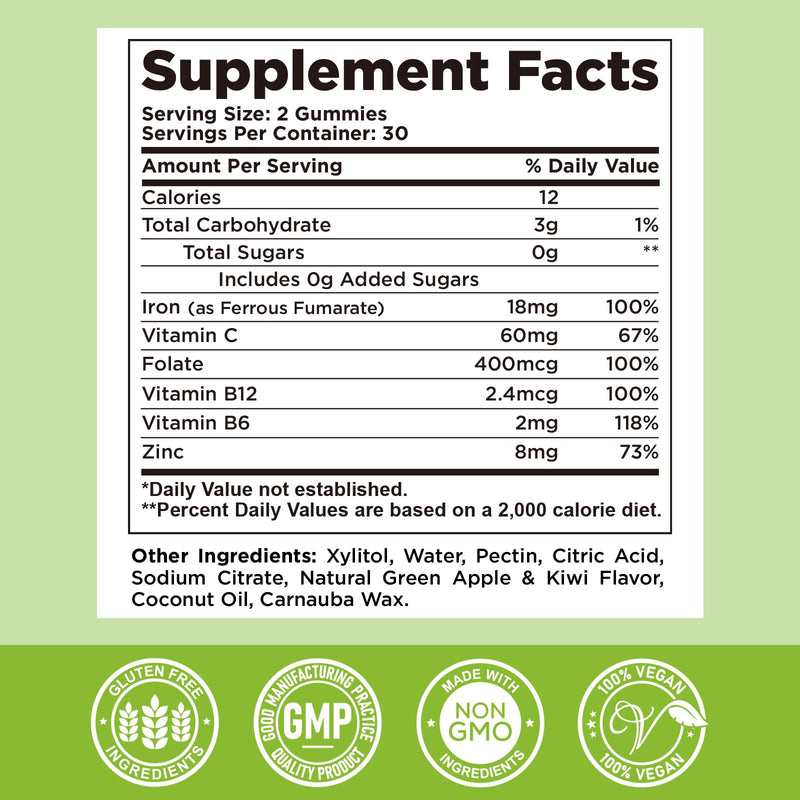 Center-Filled Iron Gummies for Adults & Kids - Iron Supplement with Vitamin B6, B12, C, Zinc, Folate - Support Women Iron Deficiency, Anemia, Blood Builder - Sugar Free Vegan 60ct Apple & Kiwi Flavor 60 Count (Pack of 1)