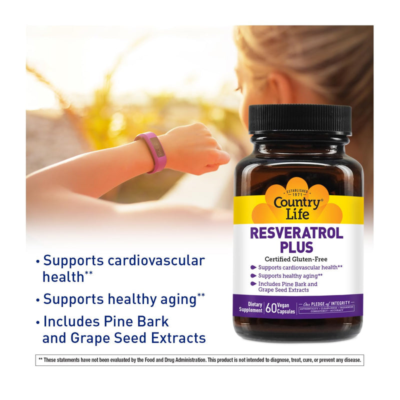 Country Life Resveratrol Plus 1000mg - Organic Antioxidant Supplement with Pine Bark & Grape Seed Extracts - Vegan, Gluten-Free, Non-GMO 60 Count (Pack of 1)