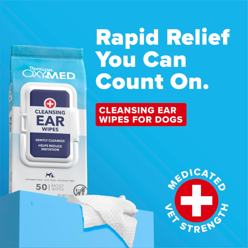 TropiClean Oxymed Soothing Ear Wipes for Dogs & Cats, Anti-Itch Relief, 50 Count Cleansing Ear Wipes