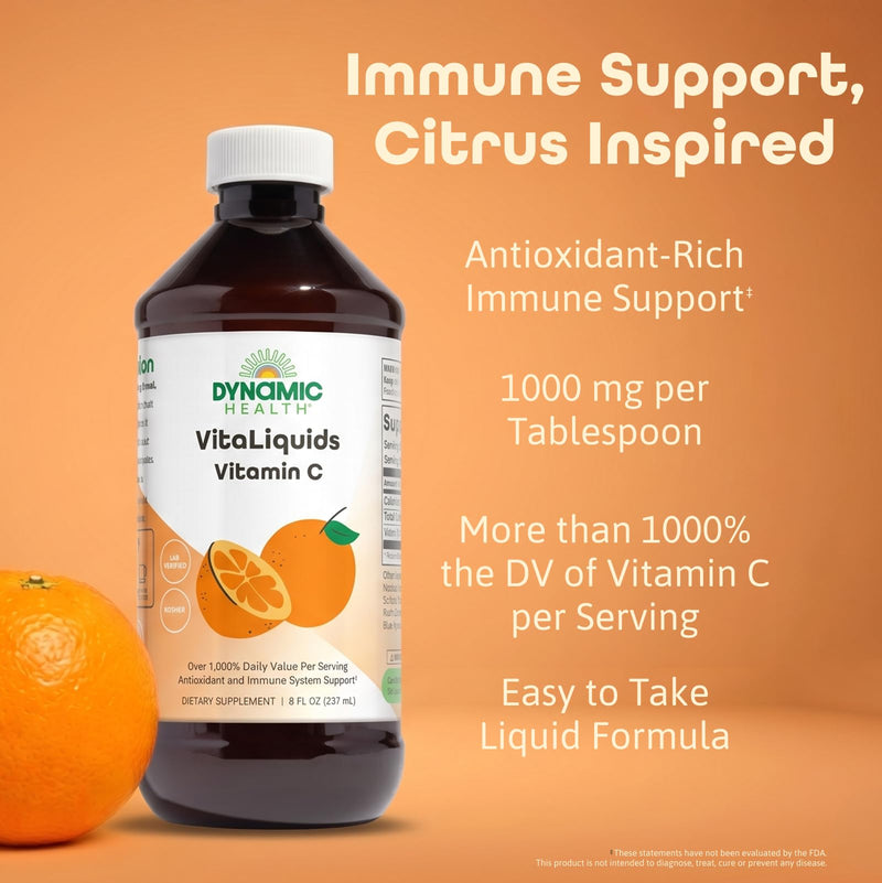 Dynamic Health VitaLiquids Vitamin C 1000mg - Liquid Vitamin C Supplement with Rose Hips and Citrus Bioflavonoids - Antioxidant Rich Immune Support Supplement, Kosher, Lab Verified, 15 Servings, 8oz | 1000 mg per Serving, Liquid Supplement for Men and ...