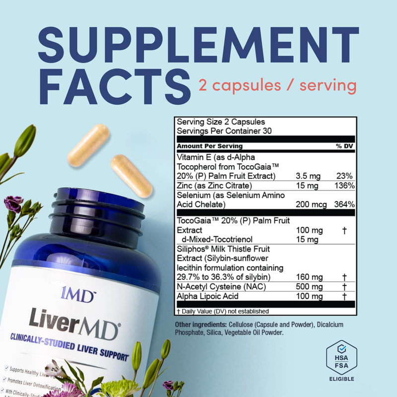 1MD Nutrition LiverMD - Liver Support Supplement | Siliphos Milk Thistle Extract & NAC - Supports Healthy Energy, Immunity & Overall Health - Liver Cleanse & Support | 60 Capsules N-Acetyl Cysteine (NAC) 60 Count (Pack of 1)