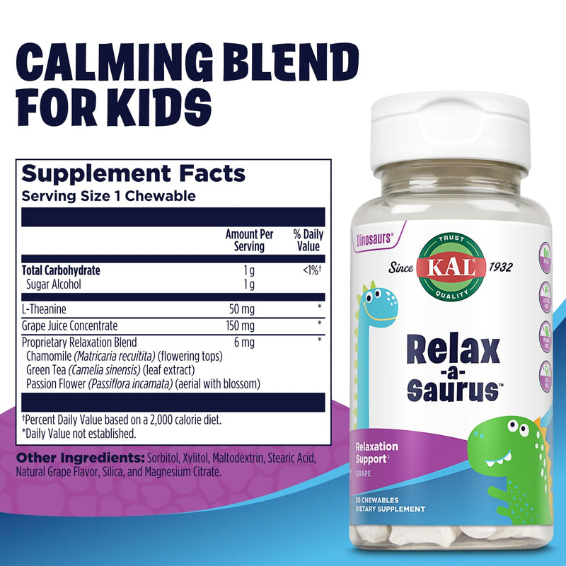 KAL Relax-a-Saurus, Stress Support Supplement for Kids, L-Theanine for Children with Herbal Stress Relief & Relaxation & Blend, Delicious Natural Grape Flavor, 60-Day Guarantee, 30 Chewables | Kids Stress & Calm Support - L-Theanine, Chamomile & Passio...