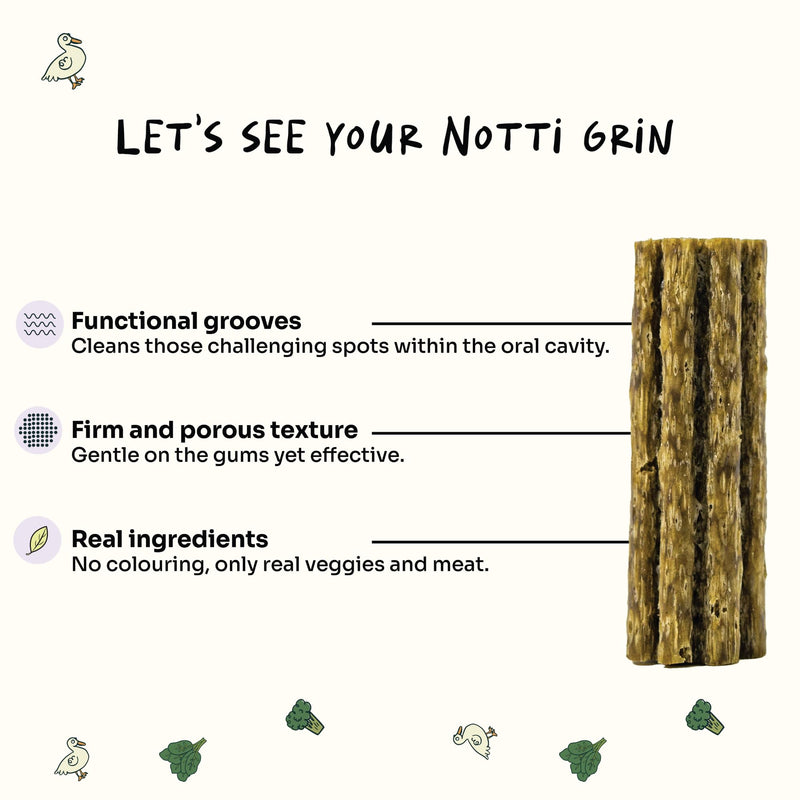 Notti Dental Chews for Small Breed Dogs – Plaque & Tartar Control Dental Sticks, Teeth Cleaning Oral Care Treats, Fresh Breath & Healthy Gums – Duck, Spinach & Broccoli