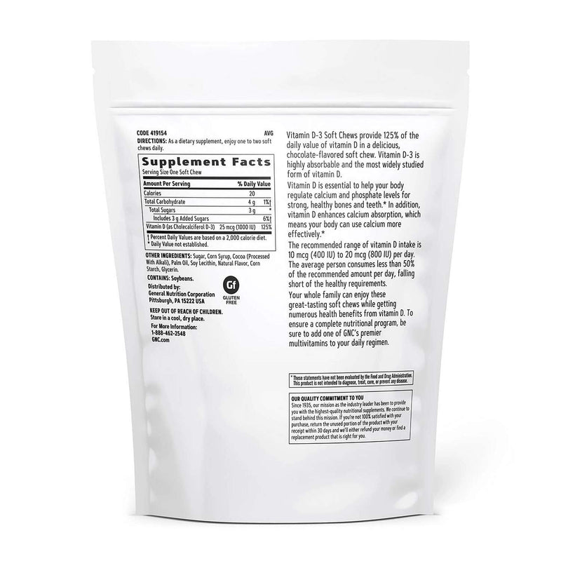 GNC Vitamin D-3 Soft Chews 1000IU, Chocolate, 60 Count | Provides 125% Daily Value of Vitamin D-3 to Support Teeth, Bone, and Immune Health in a Delicious Soft Chew 60 Count (Pack of 1)