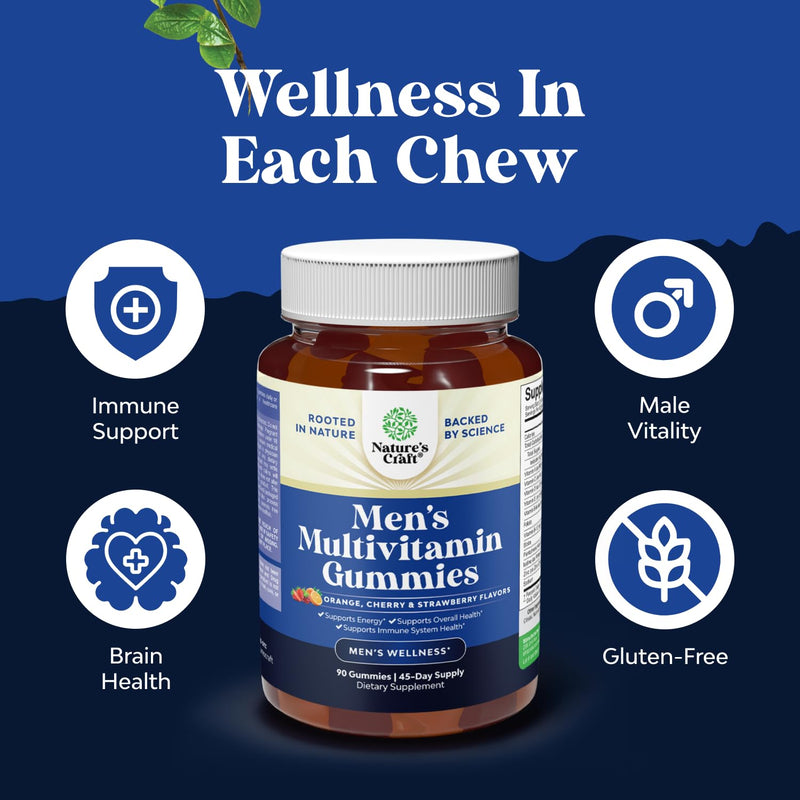Natures Craft Daily Mens Multivitamins Gummies - Mens Gummy Multivitamins with Zinc and Biotin Immune Support Gummies - Potent Vitamins for Energy and Immunity Non-GMO Gluten Free Halal 90 Count 90 Count (Pack of 1)