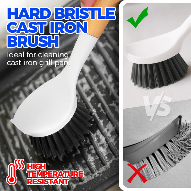 Holikme 3 Pack Dish Brush Set with Bamboo Handle, Kitchen Scrub Brush for Cleaning Dish, Pot, Sink and Stove, Skillet Scrubber with Tough Bristles for Cast Iron Grill Pan, Yellow White Black - BeesActive Australia