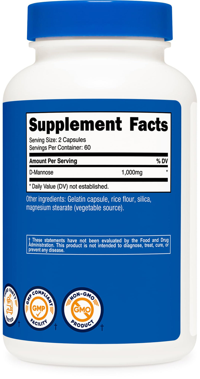 Nutricost D-Mannose 1000mg Per Serving, 120 Capsules - 500mg Per Capsule, Urinary Tract Health, Non-GMO and Gluten Free 120 Count (Pack of 1) - BeesActive Australia
