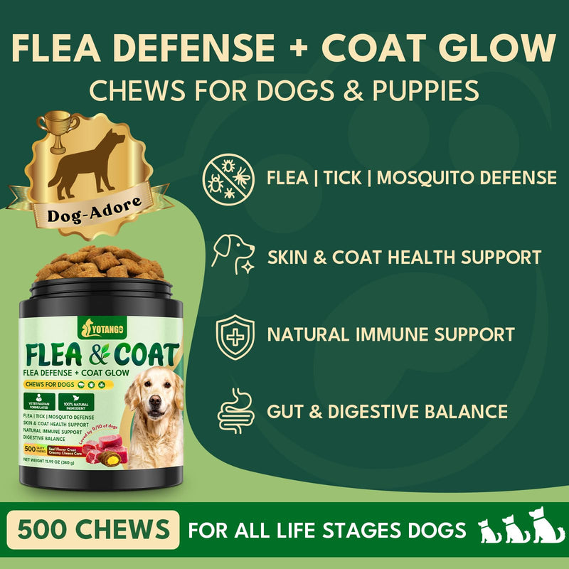 YOTANGO Dog Flea and Tick Support Crunchy & Creamy Chewables, 500 Chews Natural Flea and Tick Prevention for Dogs Chewable, Skin and Coat Support, Flea Treatment Chews for Dogs & Puppies (Beef Flavor)