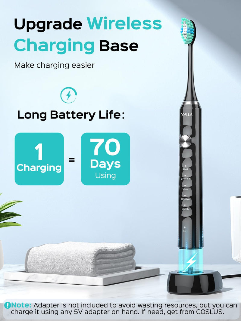 COSLUS Sonic Electric Toothbrush for Adults: 47000 VPM for Deep Cleaning & Whitening with Travel Case - 5 Modes for Sensitive Teeth & Braces, Wireless Charging, 6 Brush Heads for Home Family, Black 1 Count (Pack of 1)