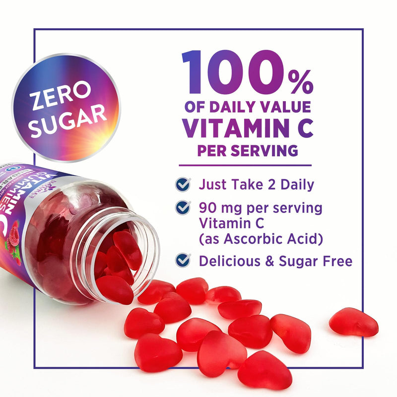 Zero Sugar Vitamin C Gummies - Immune Support & Antioxidant VitaminC Dietary Supplement - Vegan, Non-GMO, Dairy & Gluten Free C Vitamin Gummy - Raspberry Flavor for Kids & Adults - 120 Count Gummies 120 Count (Pack of 1)
