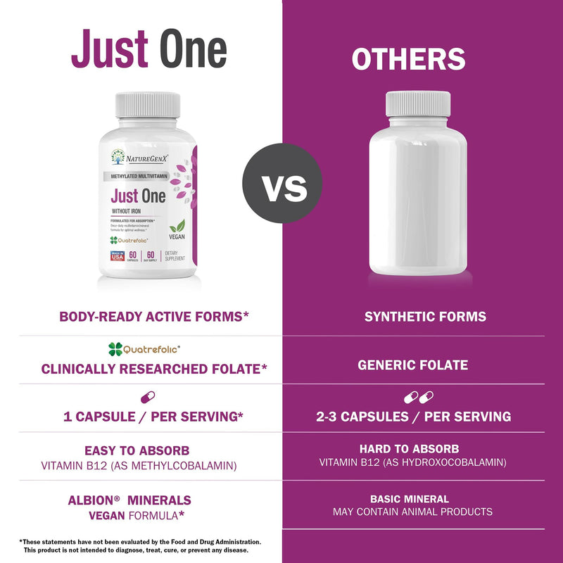 NatureGenX Just One Daily Methylated Multivitamin, 60 Capsules | Iron-Free with Methyl B12 & Methylfolate, Methylation Support for Men & Women, Vegan, Gluten-Free, Non-GMO 1