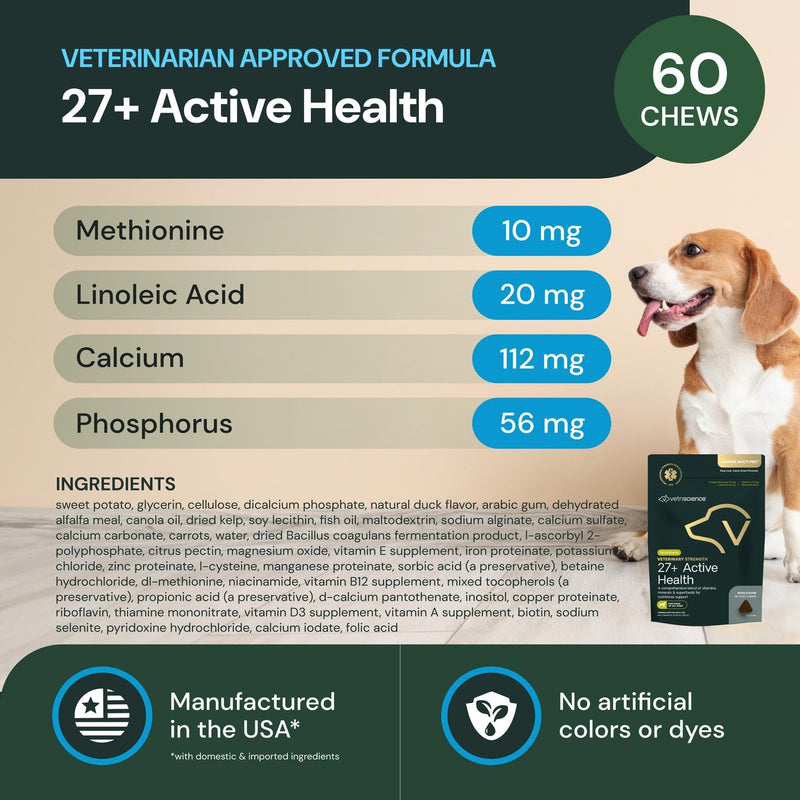 VetriScience Veterinary Strength 27+ Active Health Chews - Comprehensive Dog Multivitamin for Dog Health & Wellness - Digestive Support - Duck Flavor - 60 Count 60 Chews