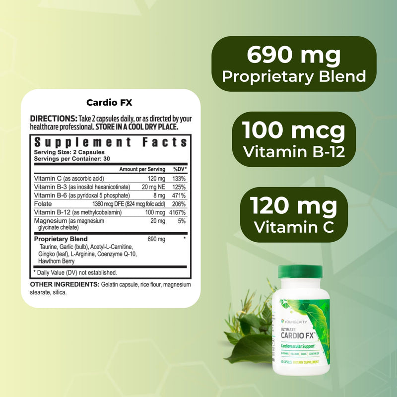 Youngevity Cardio FX Cardiovascular Support Supplement with CoQ10, 60 Caps | Garlic, ginkgo, hawthorn berry, CoQ10, taurine, magnesium, B vitamins, cardiovascular support, active lifestyle, 60 capsules
