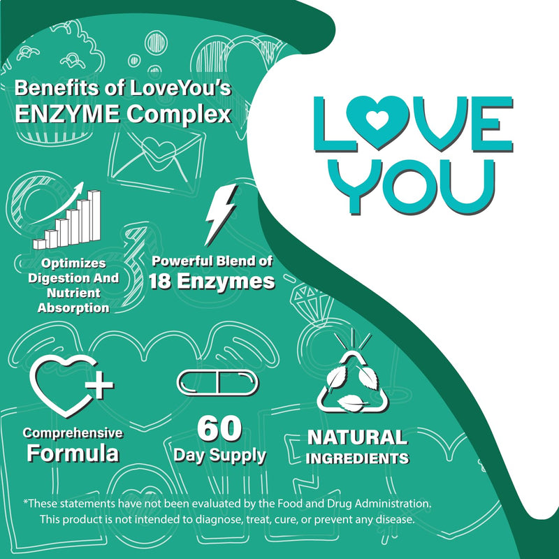 Love You 18 Enzyme Complex – Broad Spectrum Digestive Support with Amylase, Bromelain and Papain – Promotes Nutrient Absorption and Healthy Digestion, 60 Veggie Capsules