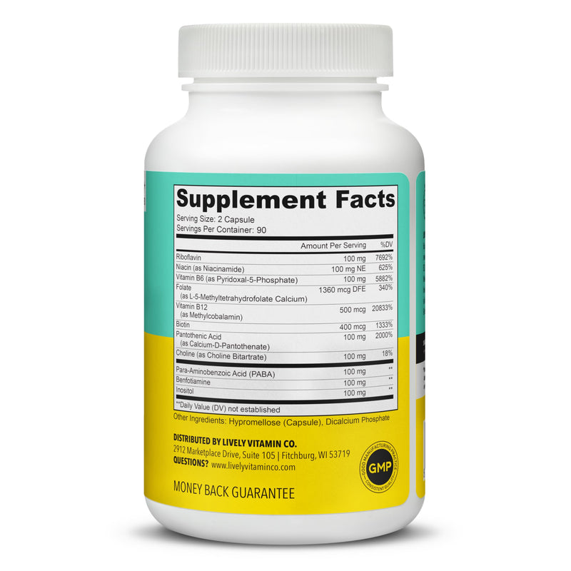 LIVELY VITAMIN CO. Busy Bee - Highly Bioavailable Vitamin B Complex with Choline - Energy - Stress - Brain Fog - Mental Clarity - Oxidative Damage - Dairy Soy Gluten Free - 180 Vegan Capsules