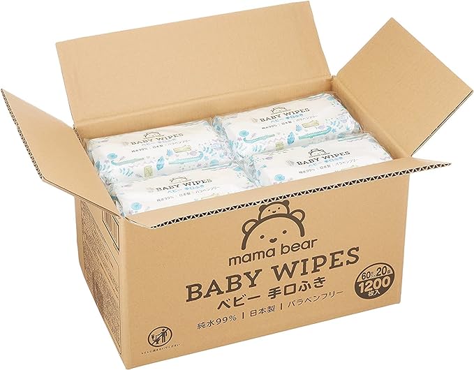 Mama Bear Baby Wipes, 99% Pure Water, 60 Sheets x 20 (1,200 sheets), Made in Japan, Paraben-Free - BeesActive Australia