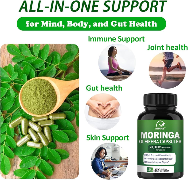 Moringa Capsules |Pure Moringa Powder Capsules-Energy,Skin,Immune & Gut Health Superfood, Rich in Antioxidants, Essential Vitamins & Amino Acids-Gluten Free-60 Count