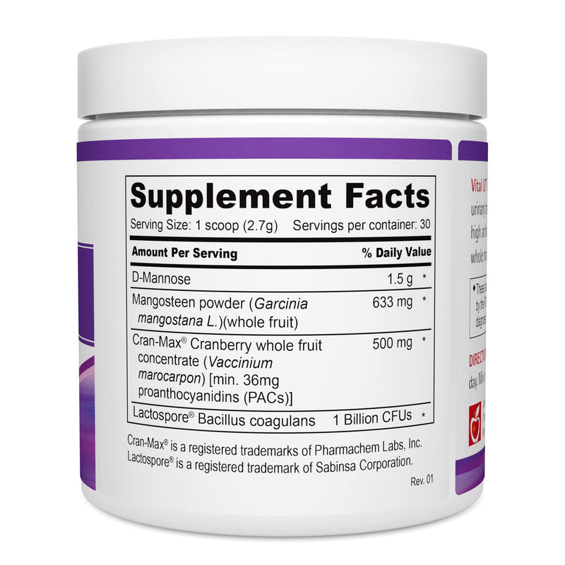 Vital UT Powder with D-Mannose, Cran-Max Cranberry, LactoSpore Probiotic for Urinary Tract and Bladder Health, 36mg PACs and 1 Billion Spore Probiotics Per Scoop (30 Servings)