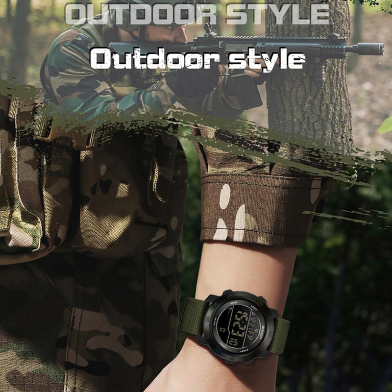 findtime Mens Digital Sport Watch Pedometer Step Counter Watches Military Minimalist Waterproof Tactical Outdoor Army Wrist Watch Dual Time Led Countdown Stopwatch Alarms Nylon Strap, No App Green