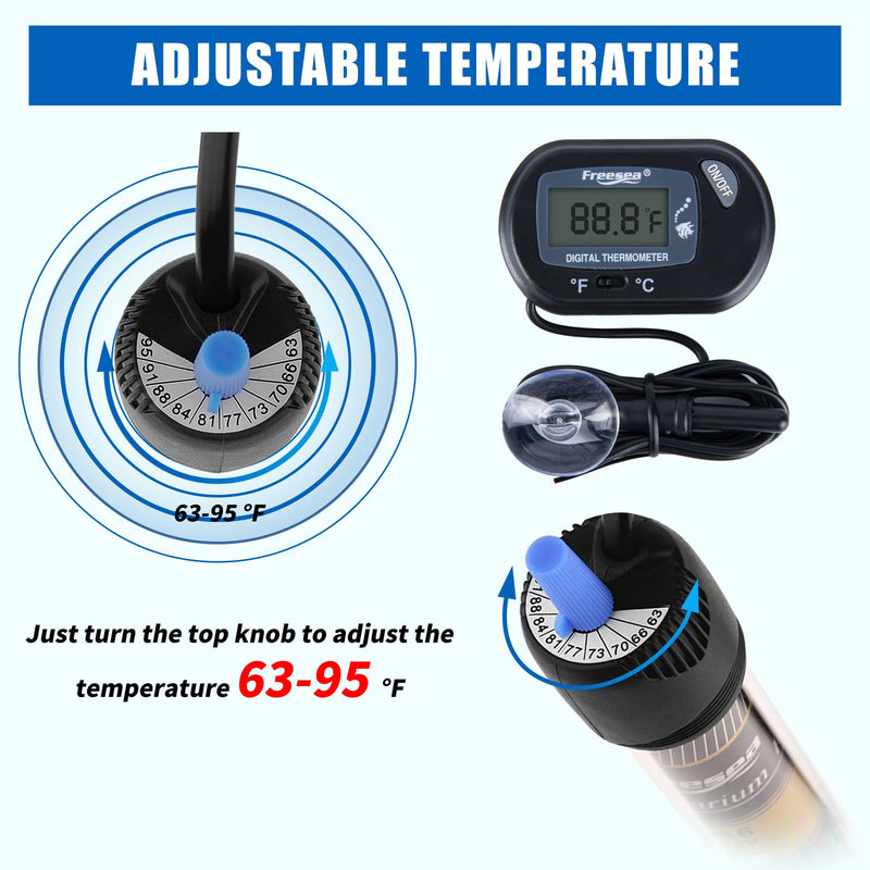 FREESEA 50 Watt Aquarium Submersible Betta Heater with Aquarium Submersible Thermometer 50Watt