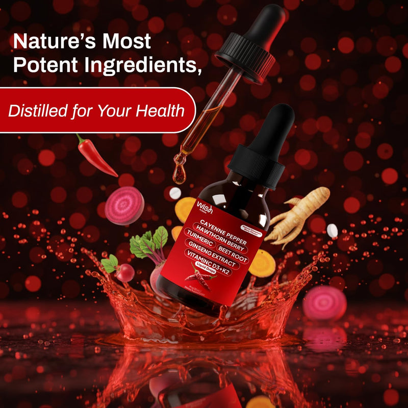 Cayenne Pepper Drops with Hawthorn Berry, Turmeric, Beet Root & Ginseng Vitamin D3 + K2, 2 Pack Organic Cayenne Pepper Drops for Men Support Circulation & Energy Liquid Cayenne Pepper
