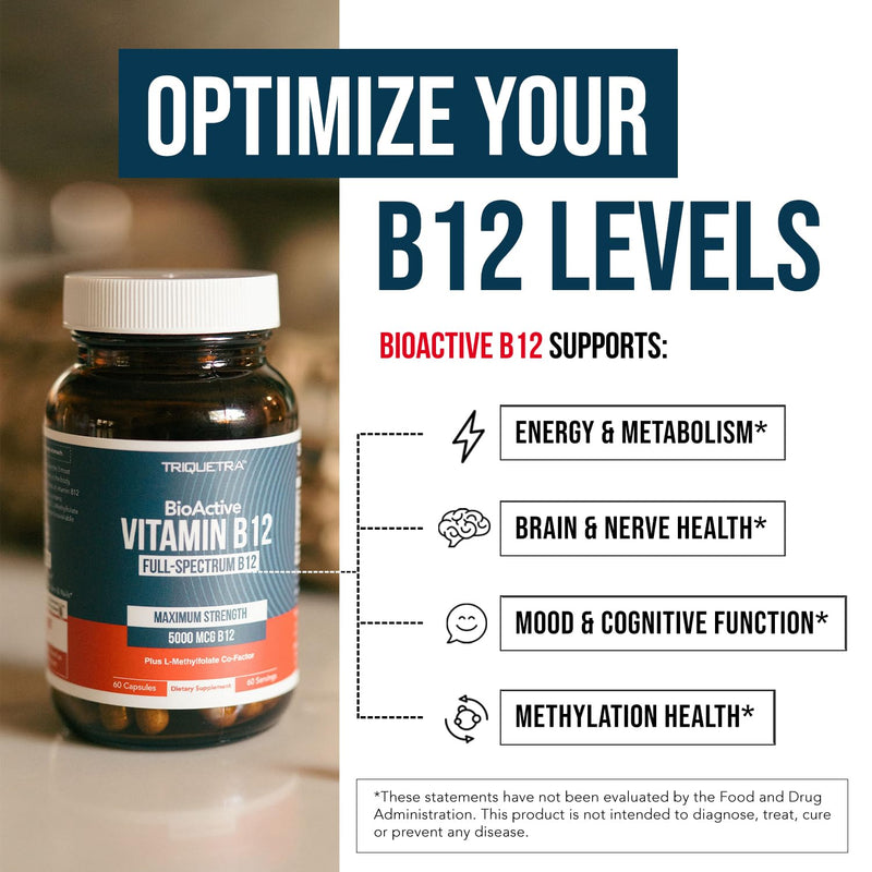 Triquetra Health Vitamin B12 5000mcg Complex, Methylated Methylcobalamin for Women & Men with Hydroxocobalamin, & Adenosylcobalamin, Supports Energy, Metabolism & Mood, Vegan, Non-GMO (60 Servings) 60 Count (Pack of 1)