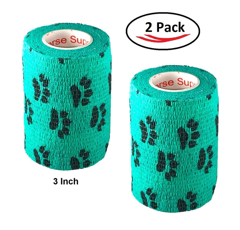 Vet Wrap Wrap Tape (Teal with Paw Prints) (2 Pack) (2 Inch x 15 feet) Self Adhesive Adherent Adhering Cohesive Flex Self Stick Bandage Grip Roll Dog Cat Pet Horse 2 Inch 2 PACK Teal With Black Paws - BeesActive Australia