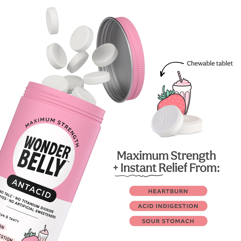 Wonderbelly Antacid, Effective Heartburn and Instant Acid Indigestion Relief, Extra Strength Chewable Tablets, 1000 mg Calcium Carbonate, No Talc or Dye, Strawberry Milkshake, 120 Count 120 Count (Pack of 1)
