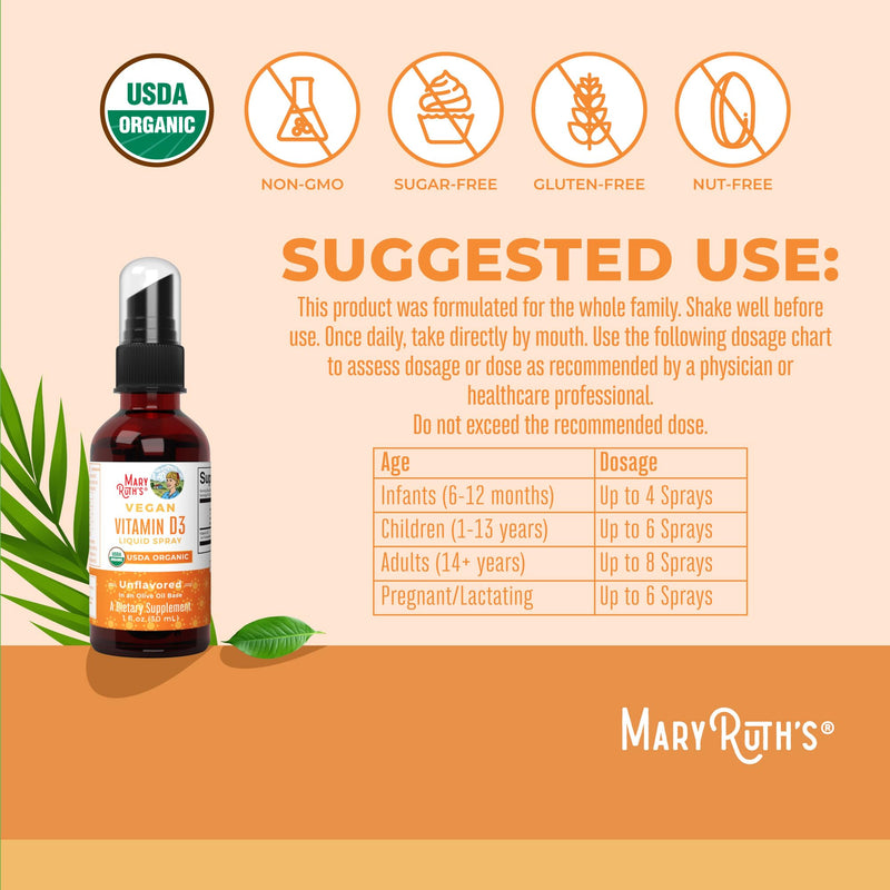 MaryRuth Organic Vitamin D Drops Spray, Adult & Kids Vitamin D, 30 Servings | USDA Organic, Sugar Free, Immune Support for Adults & Kids, Vegan, Gluten Free