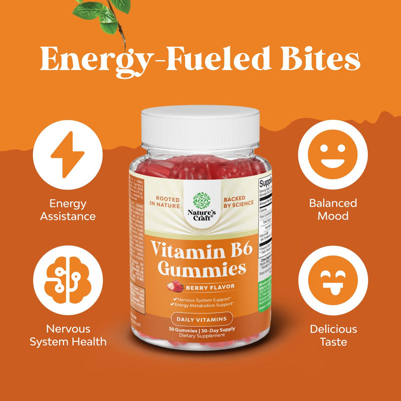 Potent Vitamin B6 Gummies for Adults - Potent Vitamin B Complex Supplements for Men & Women for Nervous System Support Mood & Immune System - Vegan Pyridoxine Chews for Energy & Metabolism - 30 Count 30 Count (Pack of 1)