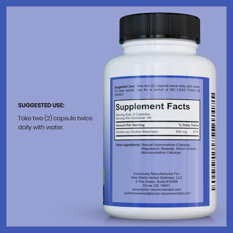 DOCTOR RECOMMENDED SUPPLEMENTS Premium Choline - 500 mg - 120 Veggie Capsules Supports Cognitive Health, Memory & More - 3 Pack 180 Count (Pack of 2)