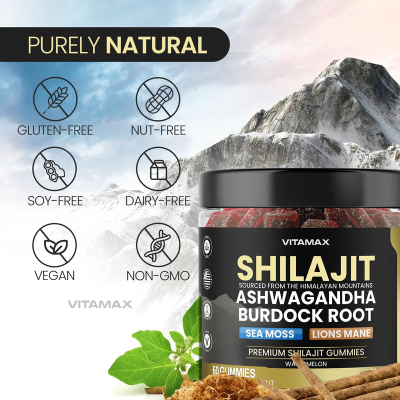 Pure Shilajit Gummies, Sea Moss, Ashwagandha, 105+ Trace Minerals – Organic Burdock Root & Lions Mane Mushroom – Watermelon Flavor - Vegan & Non-GMO – Made in USA – 60ct