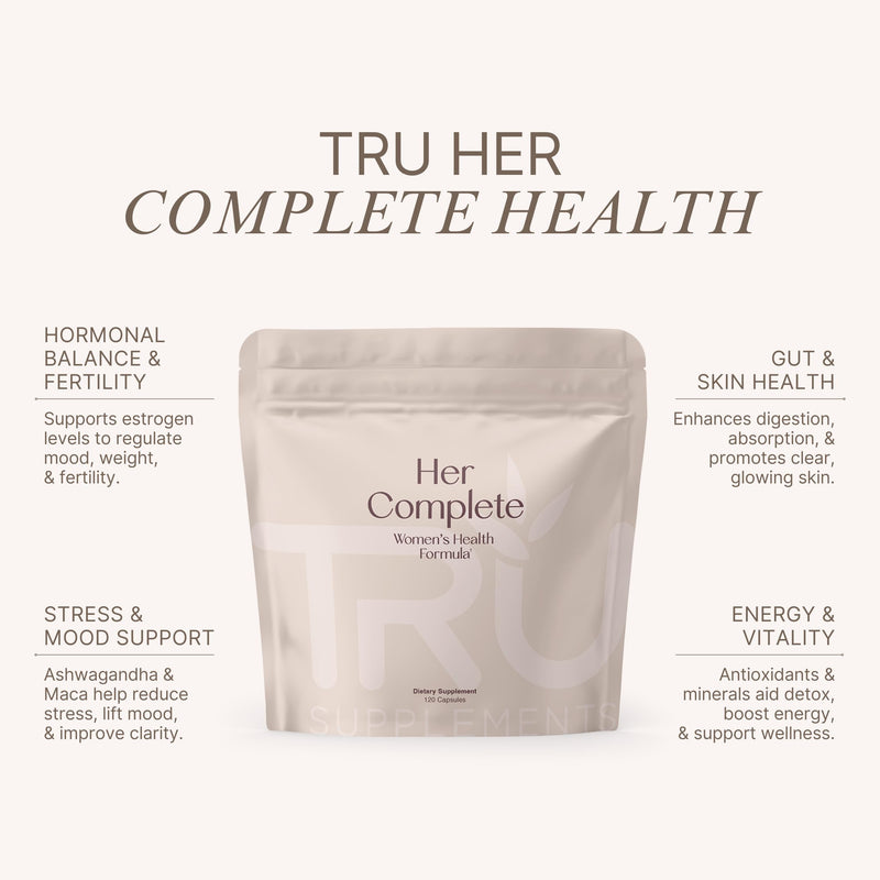 TRU Supplements HER Women’s Health Supplement, Complete Formula for Daily Hormone Support, Gut & Skin Health, Fertility & Mood Booster, PMS & Digestive Support, Natural Women’s Formula - 30 Servings