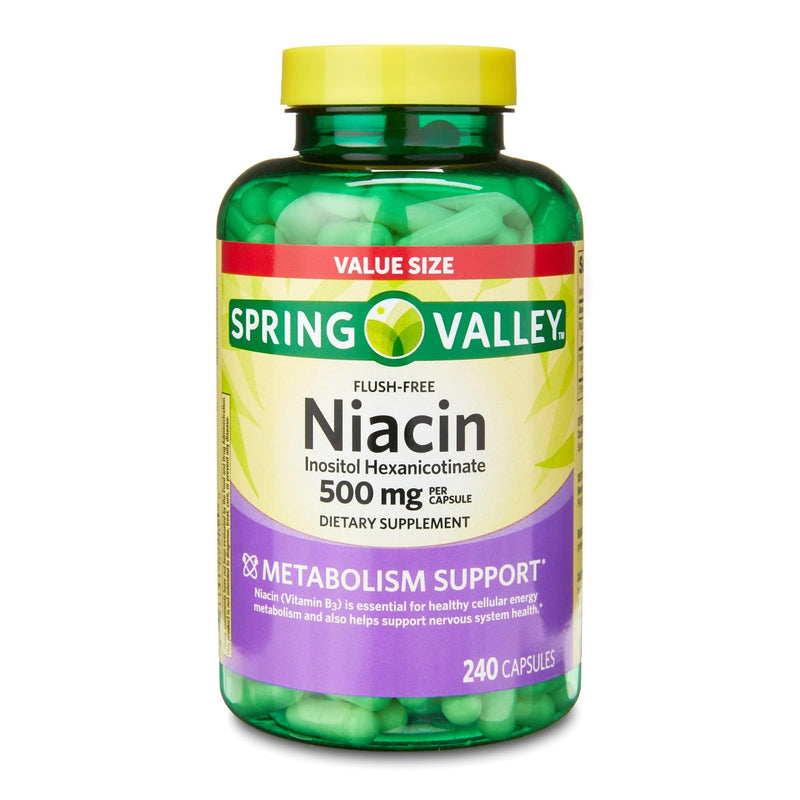 Spring Valley Vitamin B3 Niacin 500mg Flush Free Capsules, Dietary Supplement 240 Pills (Pack of 1) - Set by Basket Goods