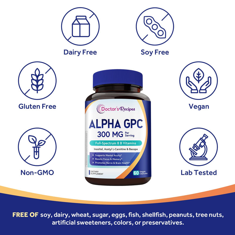 Doctor's Recipes Alpha GPC 300 mg Supplement, with 8 B Vitamins, Inositol, Acetyl L-Carnitine, Highly Bioavailable Source of Choline, 12-in-1 Cognitive Support for Women & Men, 60 Veggie Capsules