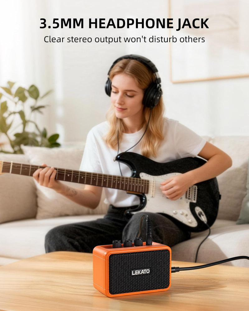 LEKATO Mini Guitar Amplifier AG-04, Dual Speakers 5W, Rechargeable Electric Guitar Amp Bluetooth with Clean Overdrive, 6H Working, Headphone Jack, Wireless Portable Amp for Practice Traveling（Orange） Orange