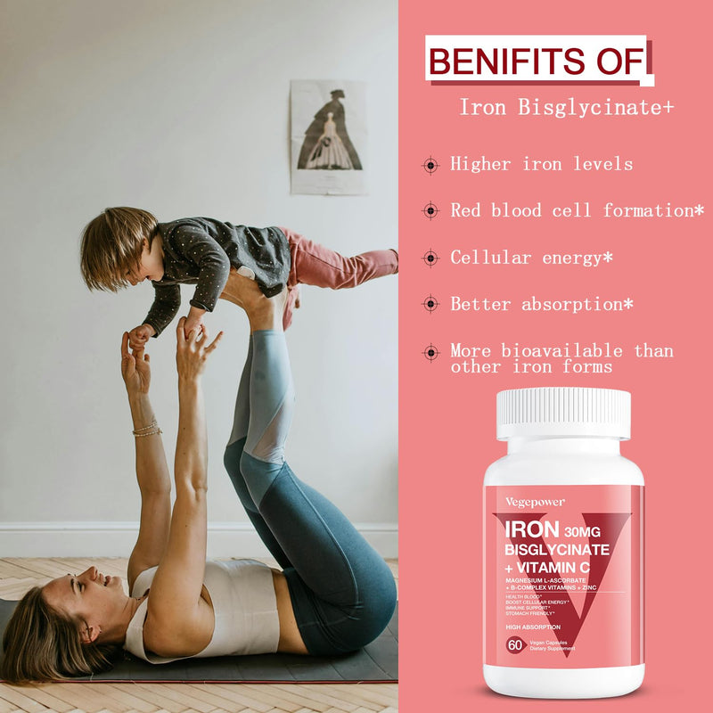 Iron Bisglycinate Supplement for Women - 30mg Iron, 60 Vegan Caps | with Vitamin C, B12, Folate for High Absorption, Chelated Iron for Anemia & Energy Support - Gentle on Stomach, Non-GMO Unflavored 60 Count (Pack of 1)
