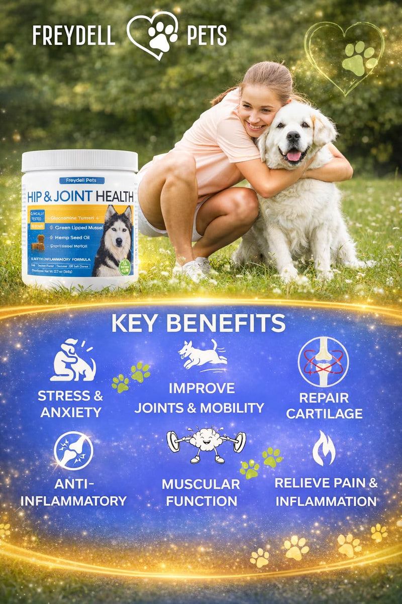 Freydell Pet's Dog Hip and Joint Chews - Keep Your Big Dog Moving – Advanced Joint Chews with Glucosamine, Chondroitin, Hemp Seed Oil & Turmeric to Support Mobility, Flexibility, and Joint Comfort