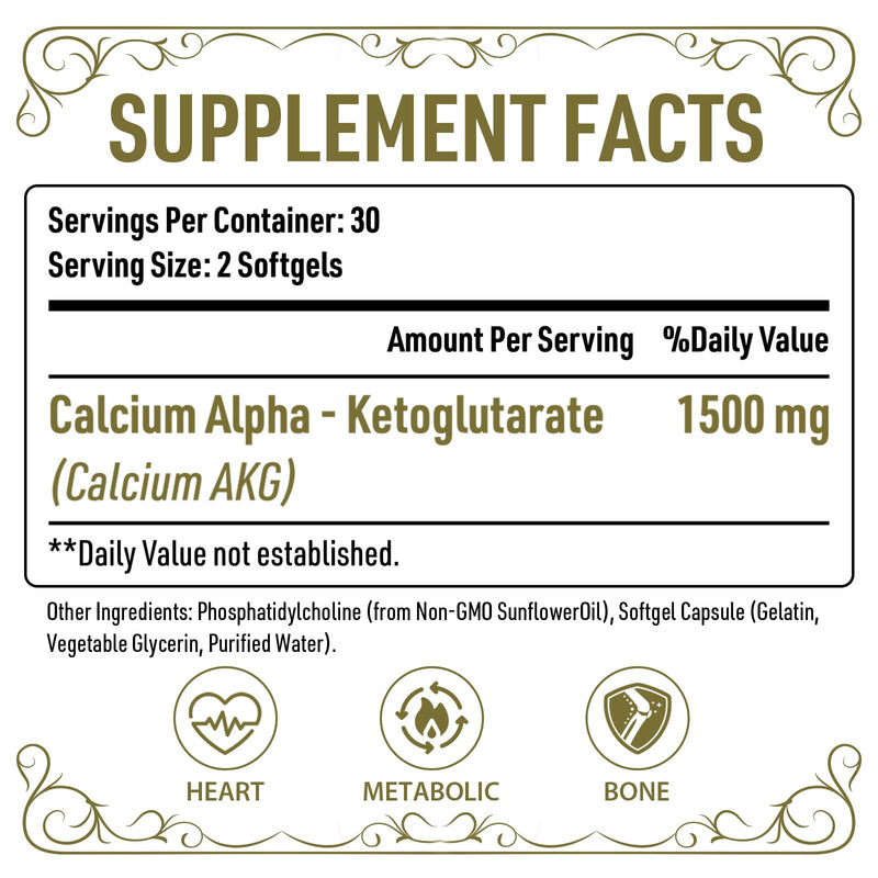 Liposomal Calcium AKG Supplement 1500 MG (Alpha-Ketoglutaric Acid), High Absorption, More Effective Than AAKG, Ca AKG for Longevity, Age Defense, Cellular Energy, Metabolic Function, 120 Softgels 60 Count (Pack of 2)