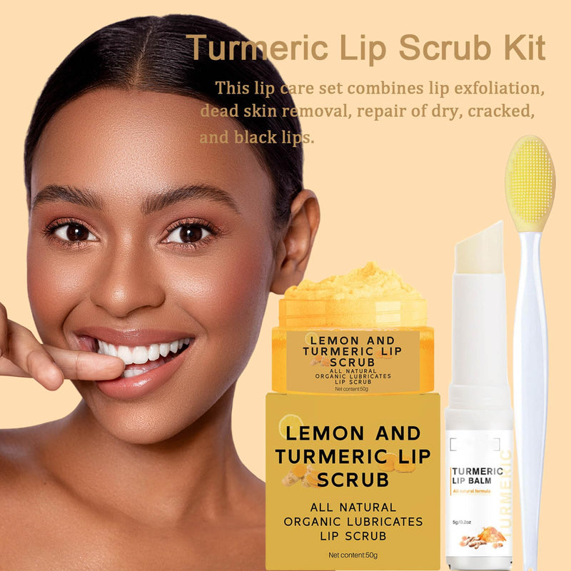 Turmeric Lemon Lip Scrub and Turmeric Lip Balm for Dark Lips to Lighten with Brush Set, 3PCS Lips Scrubber Exfoliator & Blam, Natural Exfoliator & Moisturizer for Dry, Chapped, Reduce Fine Lines - BeesActive Australia