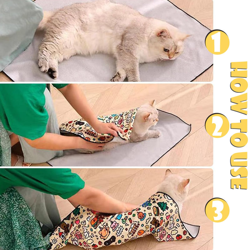 Cat Wrap for Cutting Nails, Cat Restraint Wrap for Nail Clipping and Grooming, 21.6×21.6" Self-Adhesive Anti-Bite Cat Swaddle Burrito Wrap, Suitable for Cats Within 22lbs (Cartoon Rabbit) Cartoon rabbit - BeesActive Australia