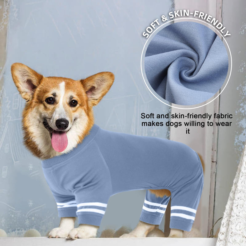 Katzinst dog bodysuit, dog clothes for small dogs, collar and cuffs made of ribbed knit, soft, breathable, warm dog pajamas for all seasons, white dog bodysuit with double stripes, haze blue S haze blue - BeesActive Australia